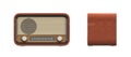 3d rendering of a brown rounded retro style radio receiver with an analogue tuner.