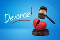 3d rendering of brown wooden gavel breaking red heart on round wooden block into two parts with `DIVORCE` sign on blue