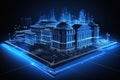 3D rendering of building wireframe on blue background. Technology and innovation concept. Generative AI Royalty Free Stock Photo