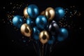 3d rendering of bunch of golden and blue balloons on black background, 3D render of blue and golden balloons with confetti on a