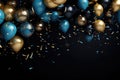 3d rendering of bunch of golden and blue balloons on black background, 3D render of blue and golden balloons with confetti on a