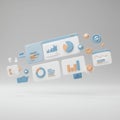 3D Rendering of Business Analytics Dashboard with Charts and Data on White Background Royalty Free Stock Photo
