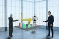 3d rendering business man using virtual mixed augmented reality and discuss with artificial intelligent robot about data in indust