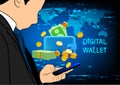 3D rendering, businessman holding a mobile phone user a digital wallet with money and coins on blue background, concept digital