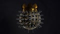 3D rendering of the cÃ¯Â¿Â½vid-19 coronavirus, with a Golden crown on a dark background. The virus is like a hedgehog in needles and
