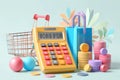 3D rendering of calculator, shopping cart, and gift bags on blue background. E-commerce concept. Royalty Free Stock Photo