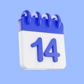 3d rendering calendar icon with a day of 14. Blue and white color