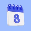 3d rendering calendar icon with a day of 8. Blue and white color