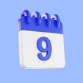 3d rendering calendar icon with a day of 9. Blue and white color