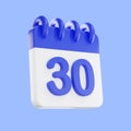 3d rendering calendar icon with a day of 30. Blue and white color