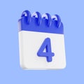 3d rendering calendar icon with a day of 4. Blue and white color