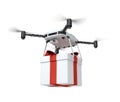 3d rendering of camera drone carrying big white gift tied with red ribbon isolated on white background.