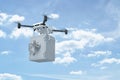 3d rendering of camera drone carrying heavy light gray money safe in blue copy space sky with white clouds.