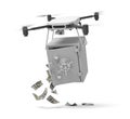 3d rendering of camera drone carrying unlocked light gray money safe, dollar bills falling out, isolated on white