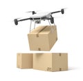 3d rendering of camera drone delivering cardboard box on top of two other boxes isolated on white background.