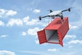 3d rendering of camera quadcopter carrying small open empty red cargo container in blue sky. Royalty Free Stock Photo