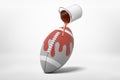 3d rendering of can of paint in the air spilling brown paint over grey oval ball for American football on white