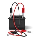 3d rendering of a car battery with red and black battery clamps connected to it but their opposite ends on the ground.