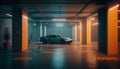 3d rendering of a car in an empty garage with neon lights