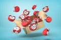 3d rendering of cardboard box in air full of bent deformed alarm clocks which are flying out and floating outside on