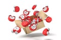 3d rendering of cardboard box in air full of bent deformed alarm clocks which are flying out and floating outside.