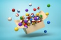 3d rendering of cardboard box in air full of colorful snooker balls which are flying out and floating outside on blue