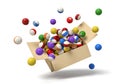 3d rendering of cardboard box in air full of colorful snooker balls which are flying out and floating outside.