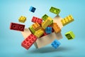 3d rendering of cardboard box in air full of colorful toy bricks which are flying out and floating outside on blue