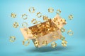 3d rendering of cardboard box in air full of golden crowns which are flying out and floating outside on blue background.