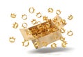 3d rendering of cardboard box in air full of golden crowns which are flying out and floating outside.