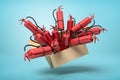 3d rendering of cardboard box in air full of red fire extinguishers which are popping out on light-blue background.