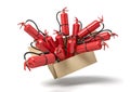 3d rendering of cardboard box in air full of red fire extinguishers which are popping out.