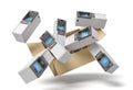 3d rendering of cardboard box in air full of several ATM`s which are flying out and floating outside.