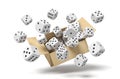 3d rendering of cardboard box in air full of white dice with black spots which are flying out and floating outside. Royalty Free Stock Photo