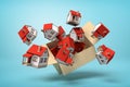 3d rendering of cardboard box flying in air full of small detached houses which are flying out from it on light-blue