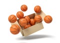 3d rendering of cardboard box full of basketballs in mid-air.