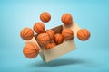 3d rendering of cardboard box full of basketballs in mid-air on light-blue background.