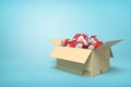 3d rendering of cardboard box full of bent deformed alarm clocks on blue background.