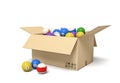 3d rendering of cardboard box full of colorful snooker balls.