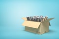 3d rendering of cardboard box full of microphones on blue background.