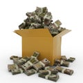 3d rendering of cardboard box full of 100 New Zealand dollar notes isolated Royalty Free Stock Photo