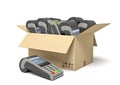 3d rendering of cardboard box full of several point-of-sale terminals.