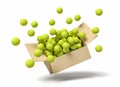 3d rendering of cardboard box full of tennis balls in mid-air.