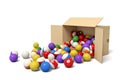 3d rendering of cardboard box lying sidelong with colorful snooker balls inside and in front of it.