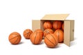 3d rendering of cardboard box lying sidelong full of basketballs.