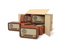 3d rendering of cardboard box lying sidelong full of old-fashioned radios.