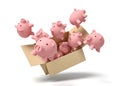 3d rendering of cardboard box lying sidelong full of pink ceramic piggy banks.