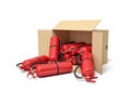 3d rendering of cardboard box lying sidelong full of red fire extinguishers.