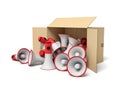 3d rendering of cardboard box lying sidelong full of red and white megaphones.