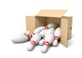 3d rendering of cardboard box lying sidelong full of white bowling pins.